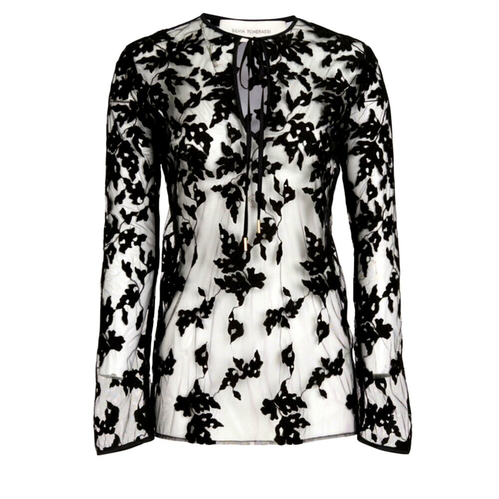 Silvia Tcherassi Black Tosca Semi-Sheer Floral Blouse Size XS Cotton Blend